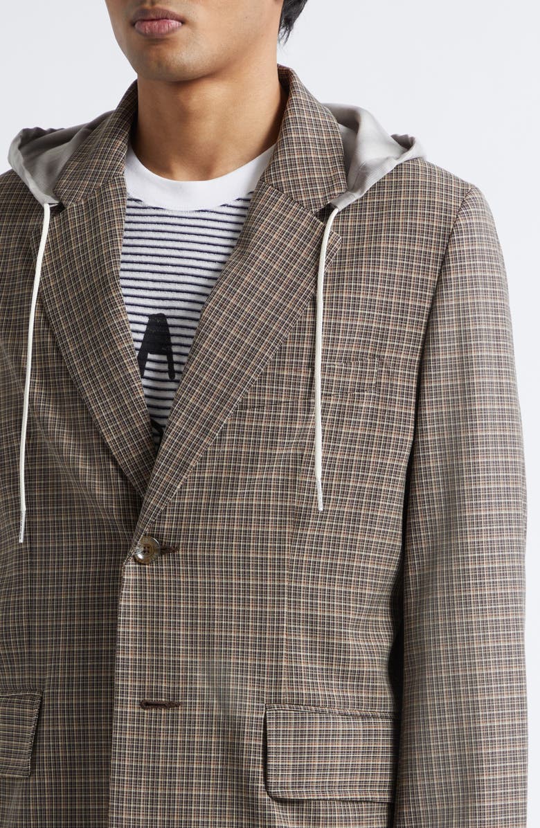 SONG FOR THE MUTE Square Glen Plaid Single Breasted Blazer with Drawstring Hood, Alternate, color, Brown