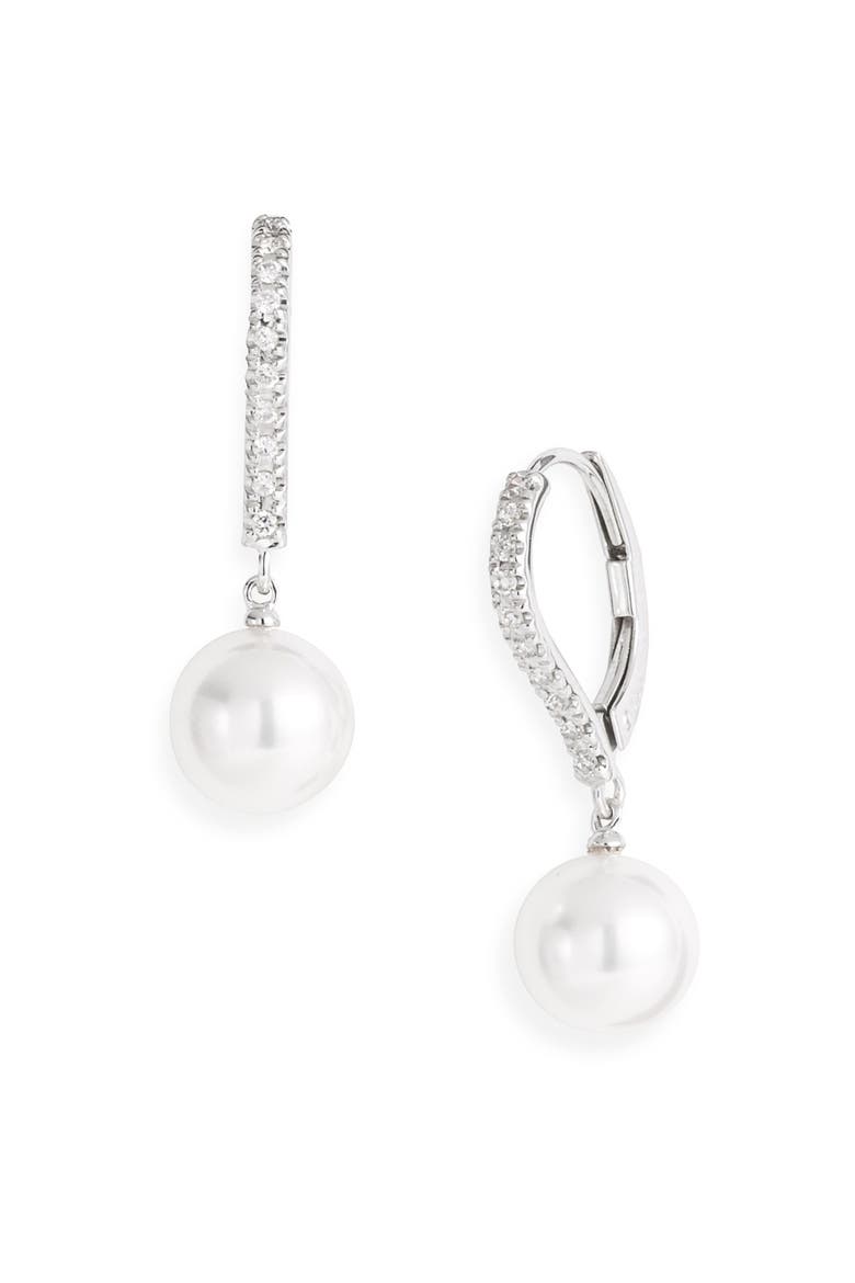 Diamond & Akoya Cultured Pearl Earrings, Alternate, color, WHITE GOLD