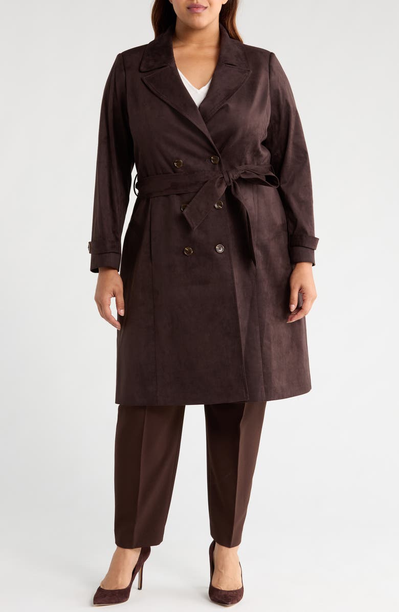 Tahari ASL Faux Suede Trench Coat, Alternate, color, Espresso