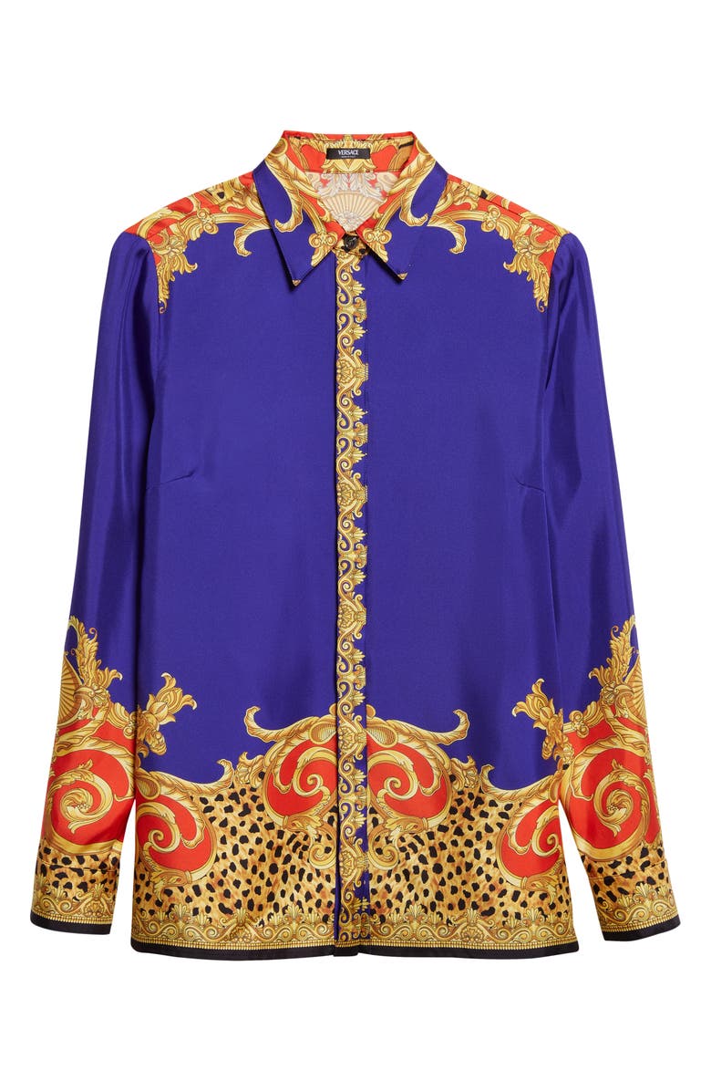 Versace Formal Cheetah Barocco Print Silk Button-Up Shirt, Alternate, color, Ultramarine Scarlet