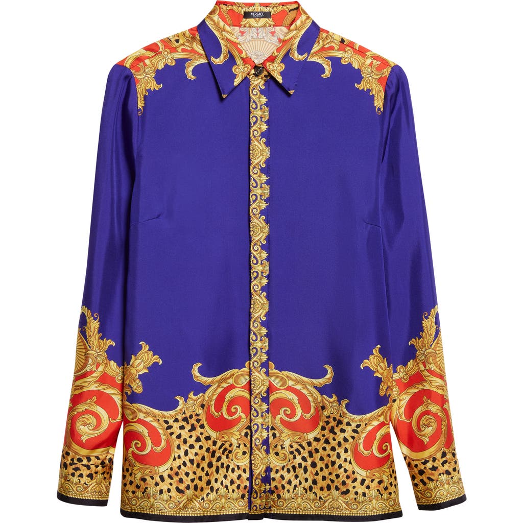 Versace Formal Cheetah Barocco Print Silk Button-up Shirt In Blue
