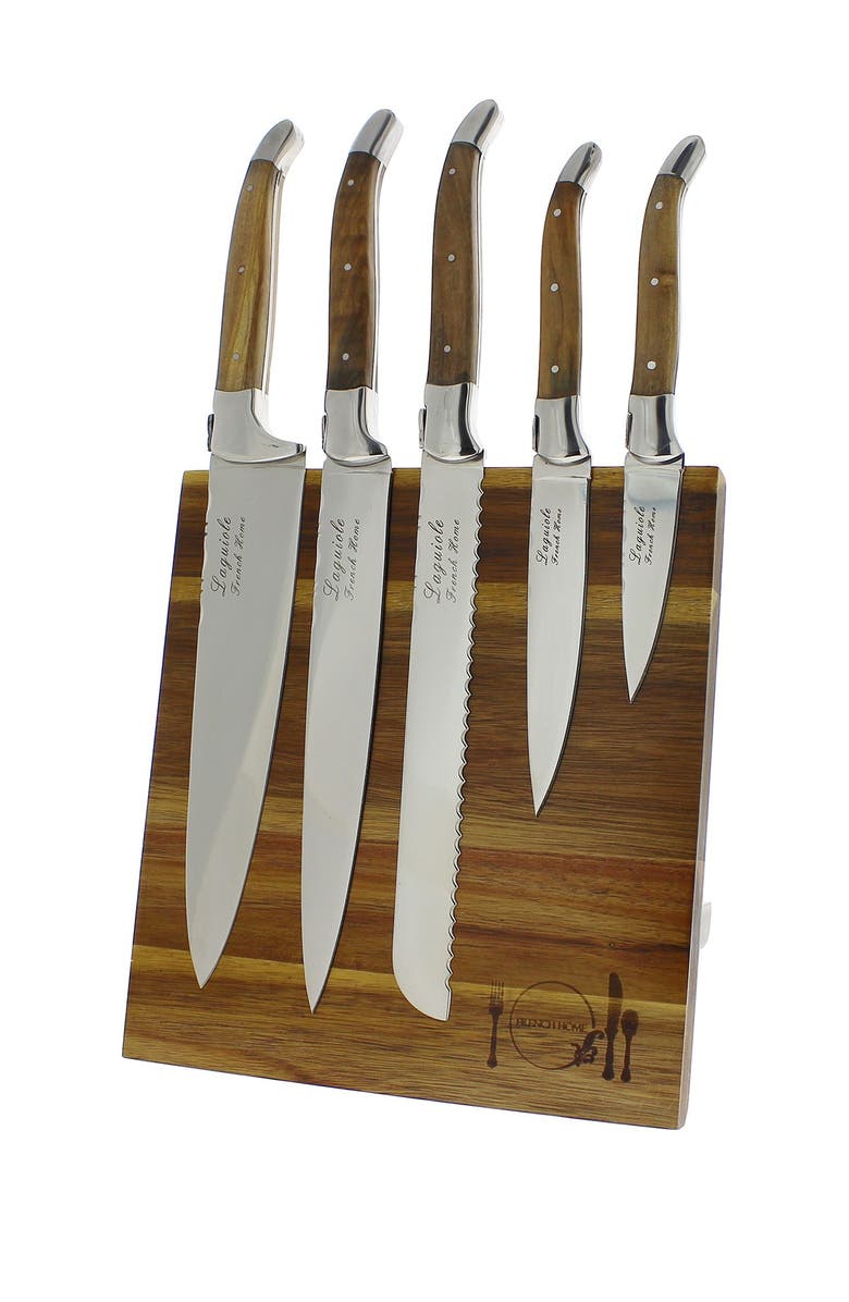 FRENCH HOME Laguiole Connoisseur Olivewood 6-Piece Kitchen Knife Set plus Magnetic Display, Main, color, Olivewood And Silver