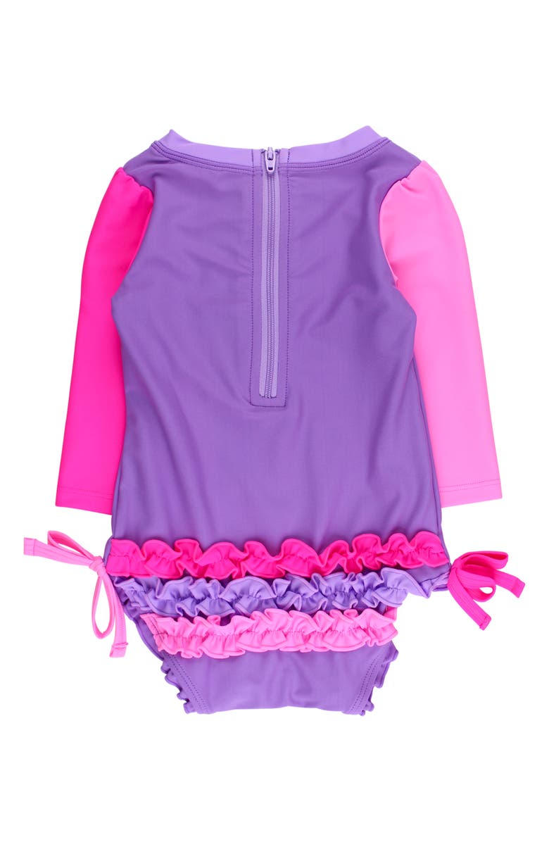 RuffleButts Kids' Neon Long Sleeve One-Piece Rashguard Swimsuit, Alternate, color, Purple