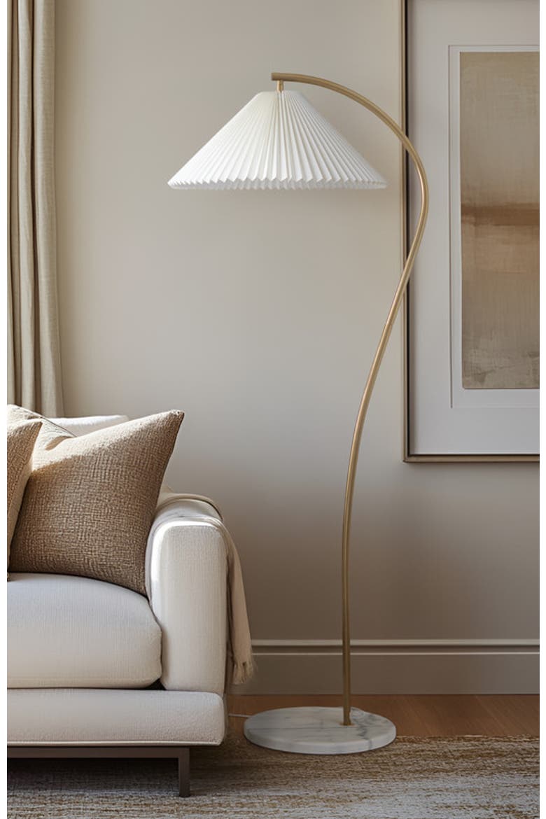 Athena 62" Gold LED Floor Lamp with Marble Base and Pleated Fabric Shade, Bulb Included, Alternate, color, Antique brass