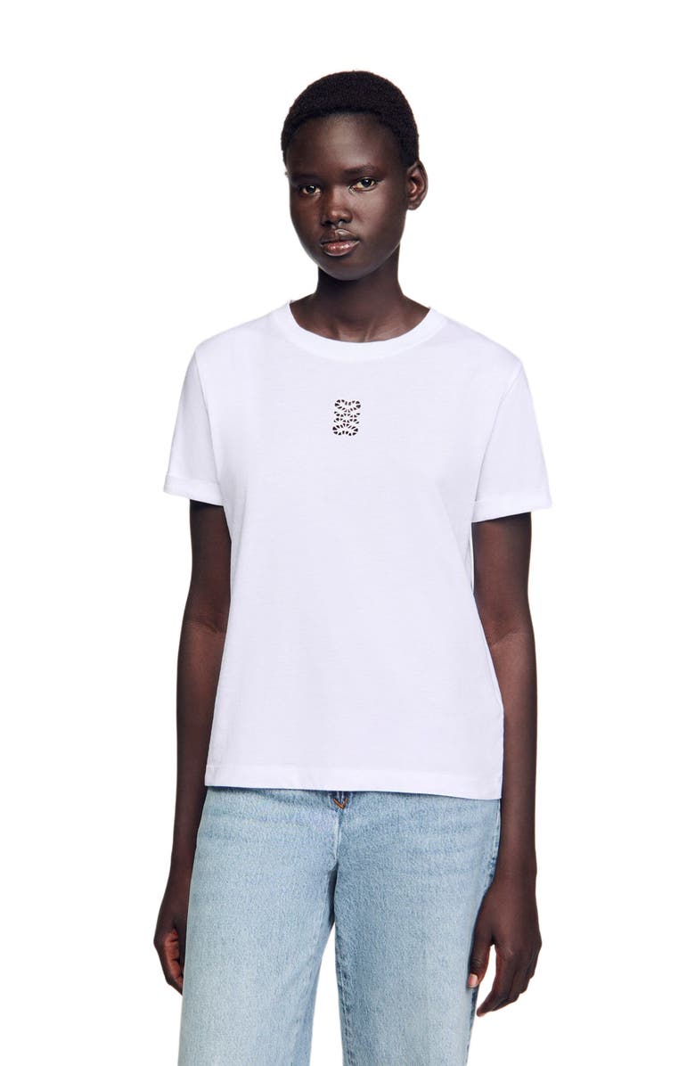SANDRO Cotton T-shirt with embroidery, Alternate, color, White