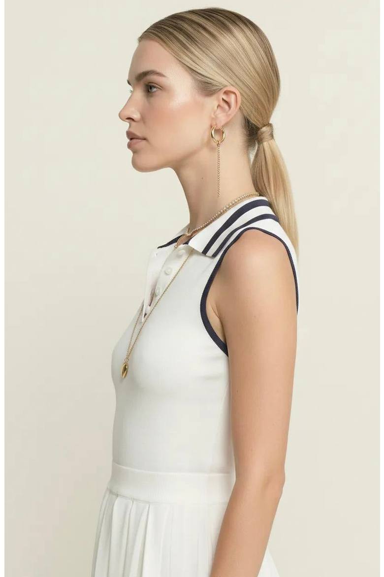 Sleeveless Knit Midi Dress with Contrast Collar and Hem Detail, Alternate, color, White