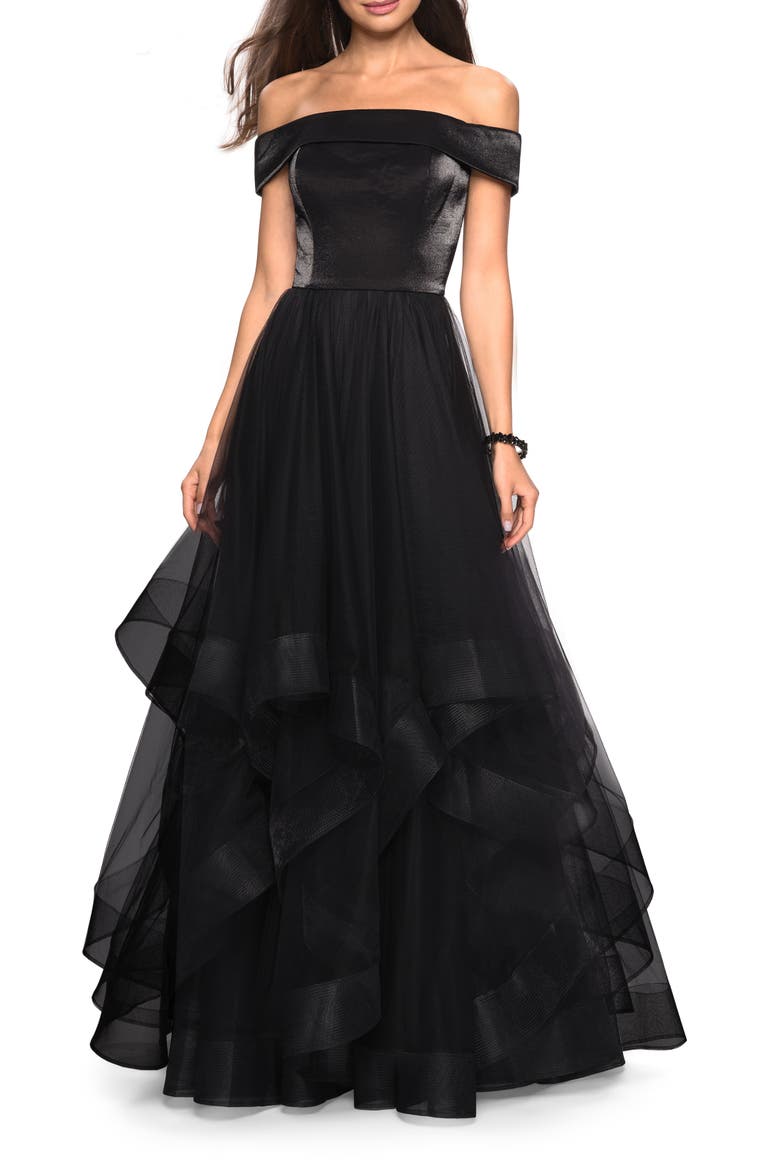 Elegant Off the Shoulder Tulle Layered Ball Gown, Main, color, Black