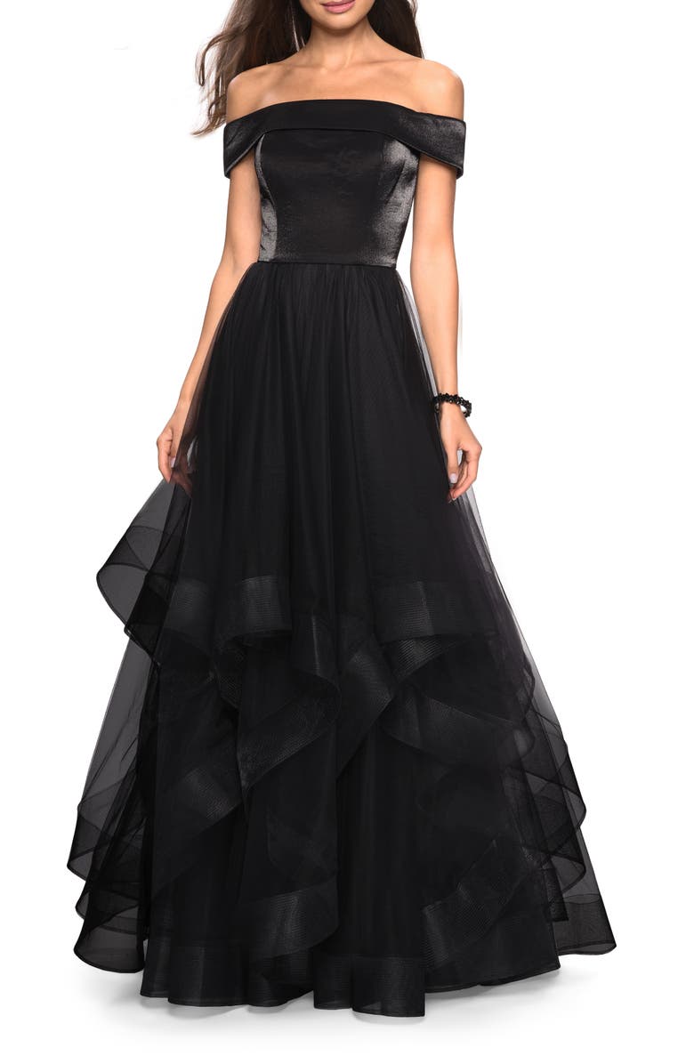 La Femme Elegant Off the Shoulder Tulle Layered Ball Gown, Main, color, Black