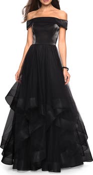 La Femme Elegant Off the Shoulder Tulle Layered Ball Gown