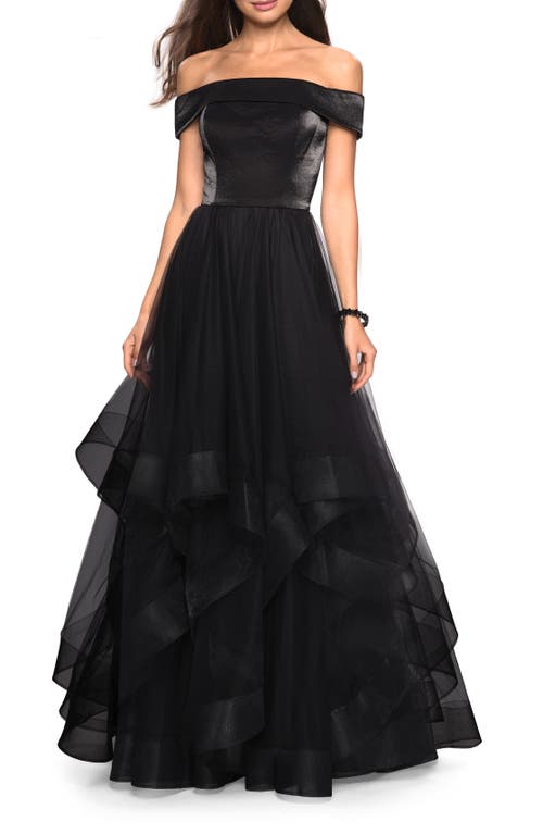 La Femme Off-the Shoulder Tulle Dress With Tiered Ruffle Skirt In Black In Black