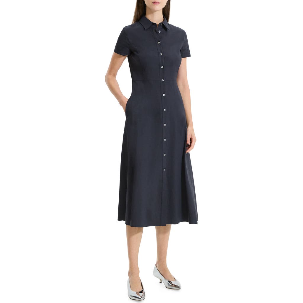 Theory Short Sleeve Linen Blend Midi Shirtdress In Black