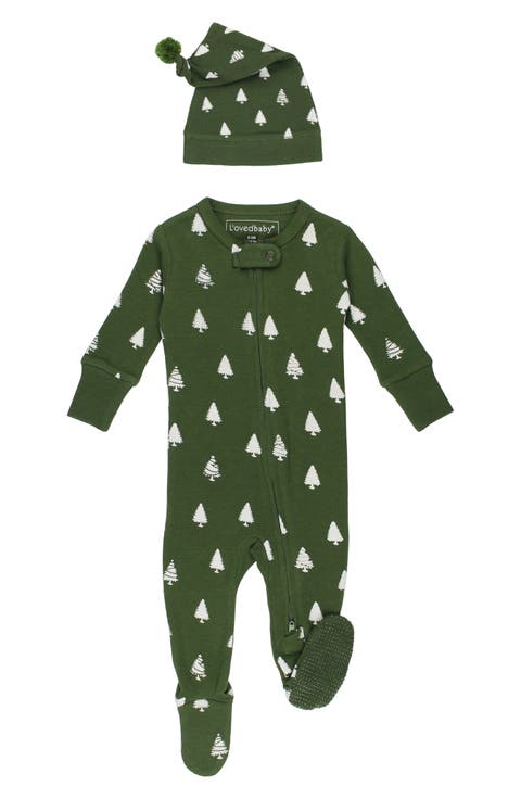 Holiday Print Fitted One-Piece Organic Cotton Footie Pajamas & Hat Set (Baby)