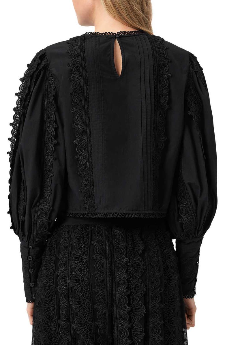 AllSaints Hart Lace Embroidered Bishop Sleeve Top, Alternate, color, Black