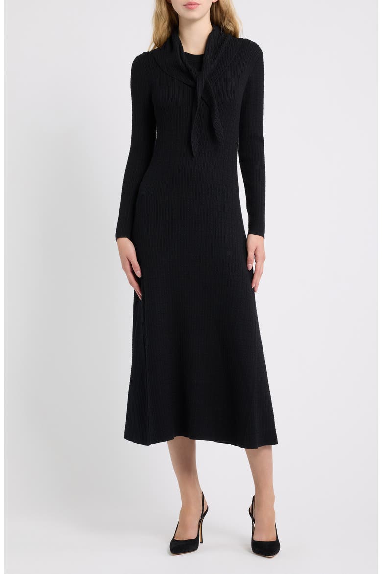 Cable Rib Midi Dress with Neck Scarf, Main, color, ANNE BLACK