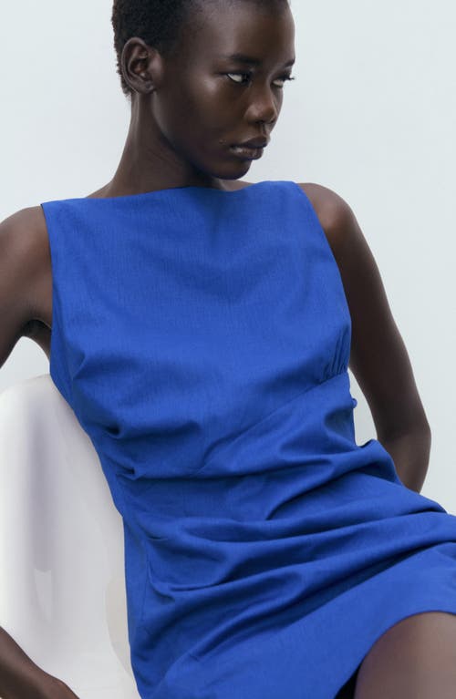 Mango Short Draped Linen Dress Vibrant Blue In Blue