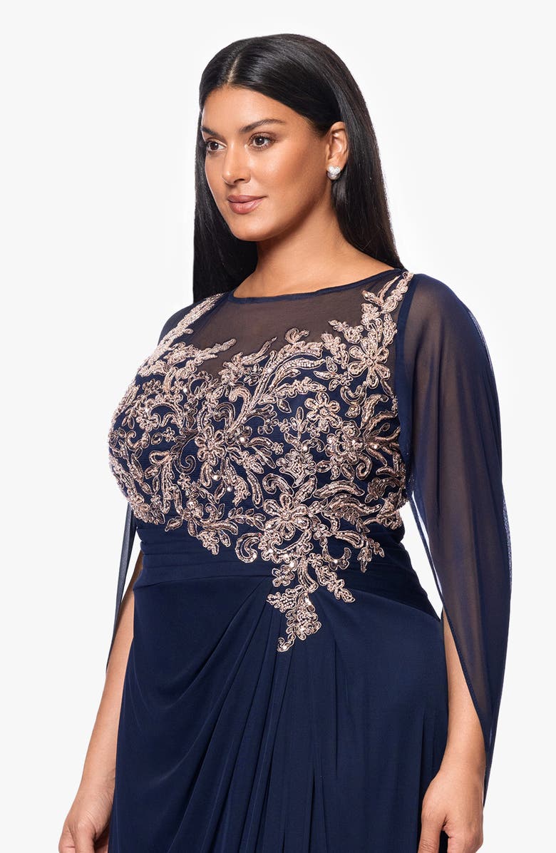 Betsy & Adam Beaded Cape Sleeve Chiffon Gown, Alternate, color, 