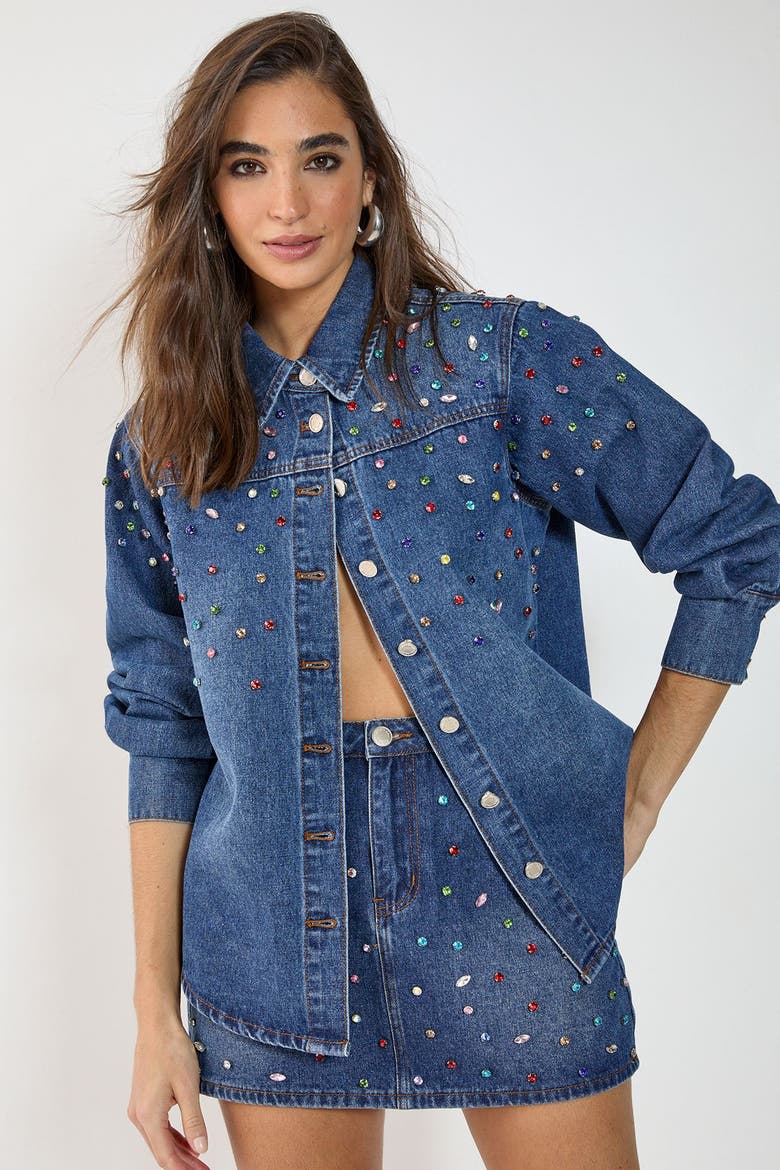 Denim Embellished Long Sleeve Shirt, Alternate, color, Authentic Midwash
