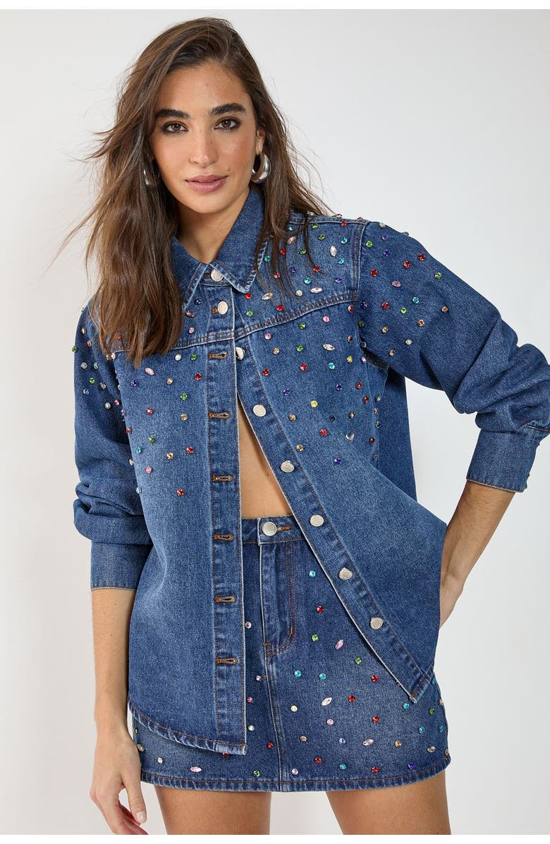 NASTY GAL Denim Embellished Long Sleeve Shirt, Main, color, Authentic Midwash