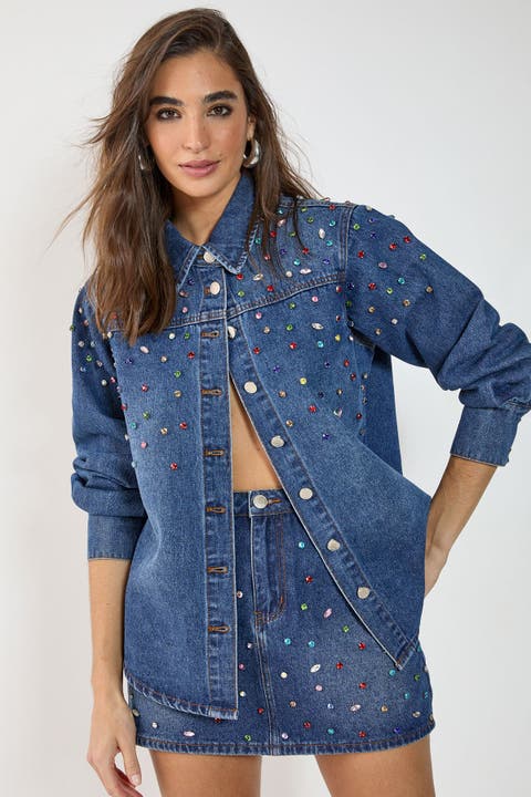 Denim Embellished Long Sleeve Shirt