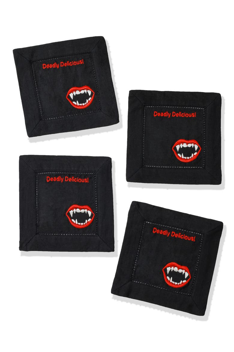 Deadly Delicious Embroidered Linen Cocktail Napkins, Main, color, BLACK/ RED