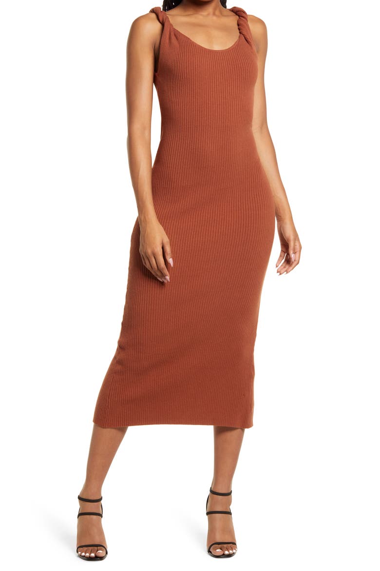 Twist Strap Rib Midi Sweater Dress, Main, color, TORTOISE SHELL001