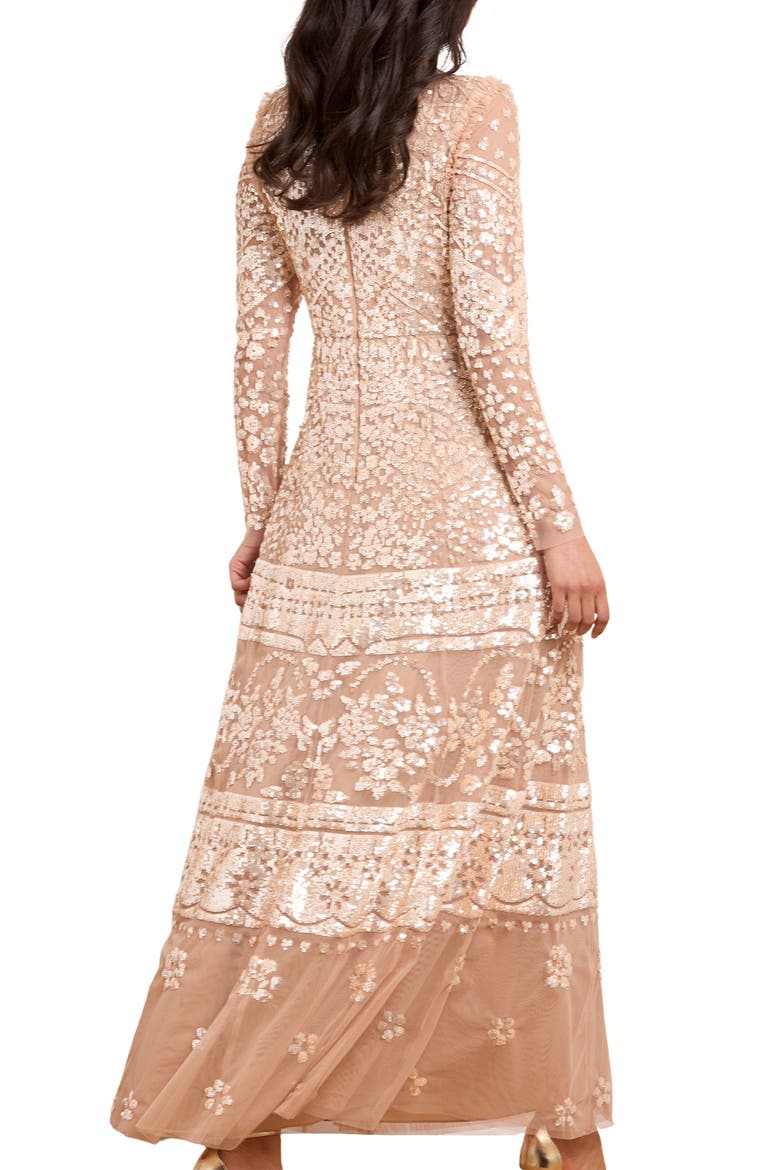 Aurora Long Sleeve Round Neck Gown, Alternate, color, Butterscotch/ Gold