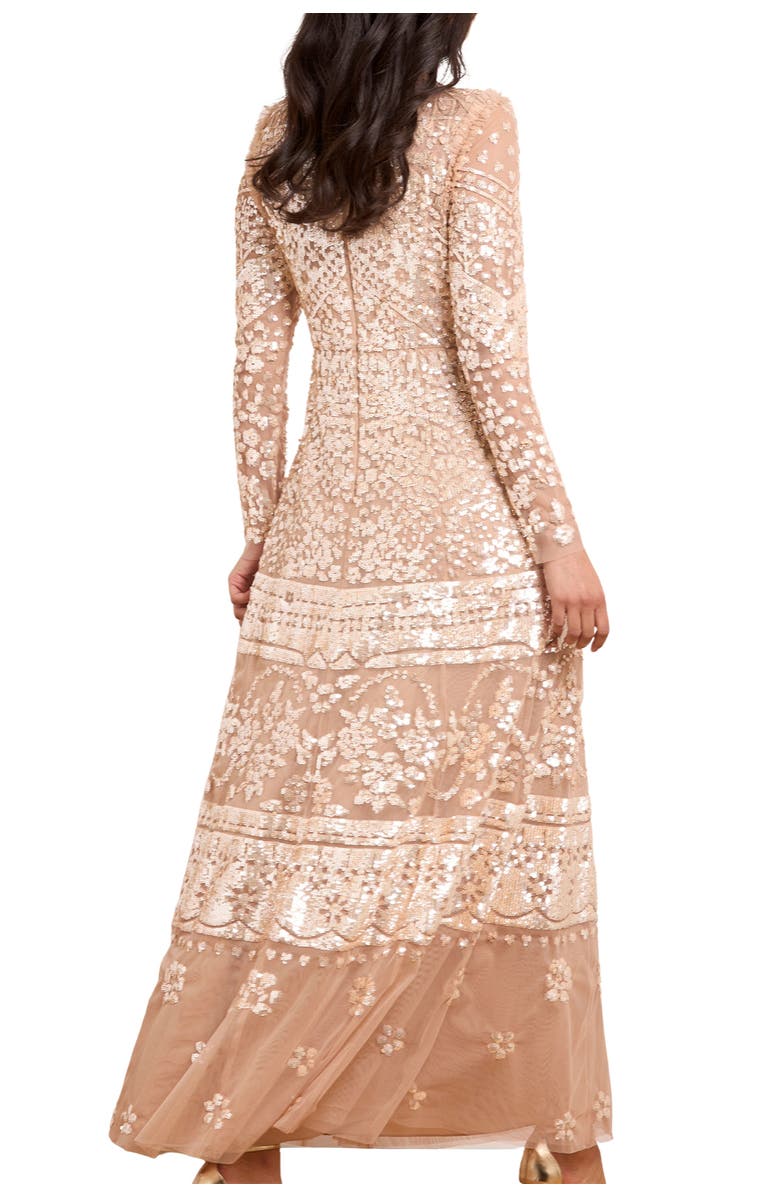 Needle & Thread Aurora Long Sleeve Round Neck Gown, Alternate, color, Butterscotch/ Gold