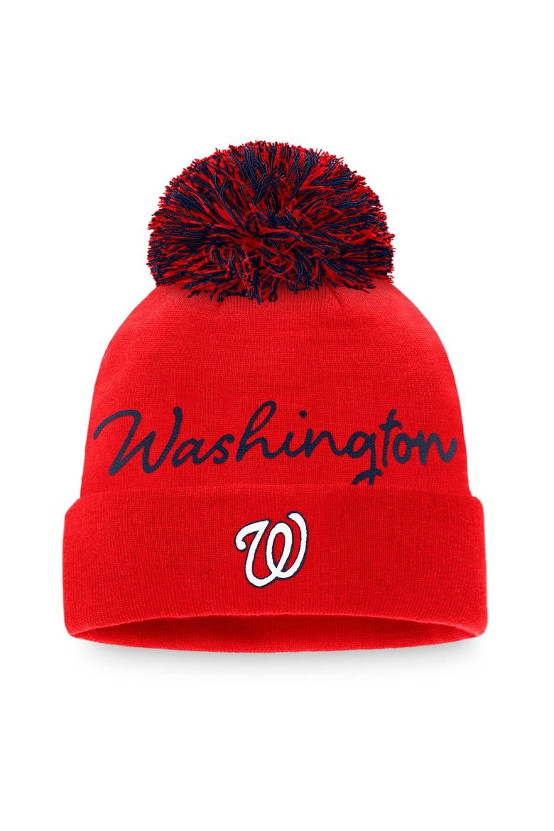 Women's Fanatics Branded Red Washington Nationals Script Cuffed Knit Hat with Pom, Main, color, Red