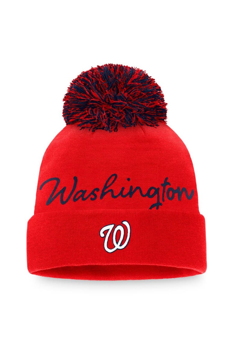 FANATICS Women's Fanatics Branded Red Washington Nationals Script Cuffed Knit Hat with Pom, Main, color, Red