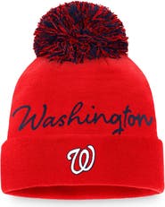 FANATICS Women's Fanatics Branded Red Washington Nationals Script Cuffed Knit Hat with Pom