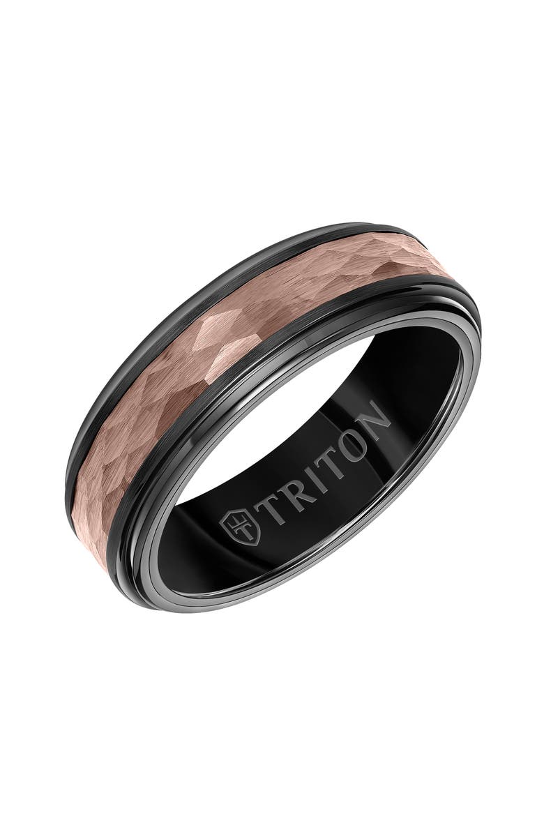 7MM Espresso Tungsten Carbide Ring with Hammered Center and Step Edge, Main, color, Brown