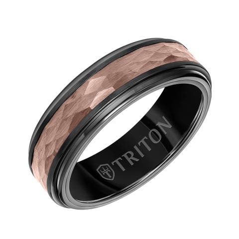 7MM Espresso Tungsten Carbide Ring with Hammered Center and Step Edge