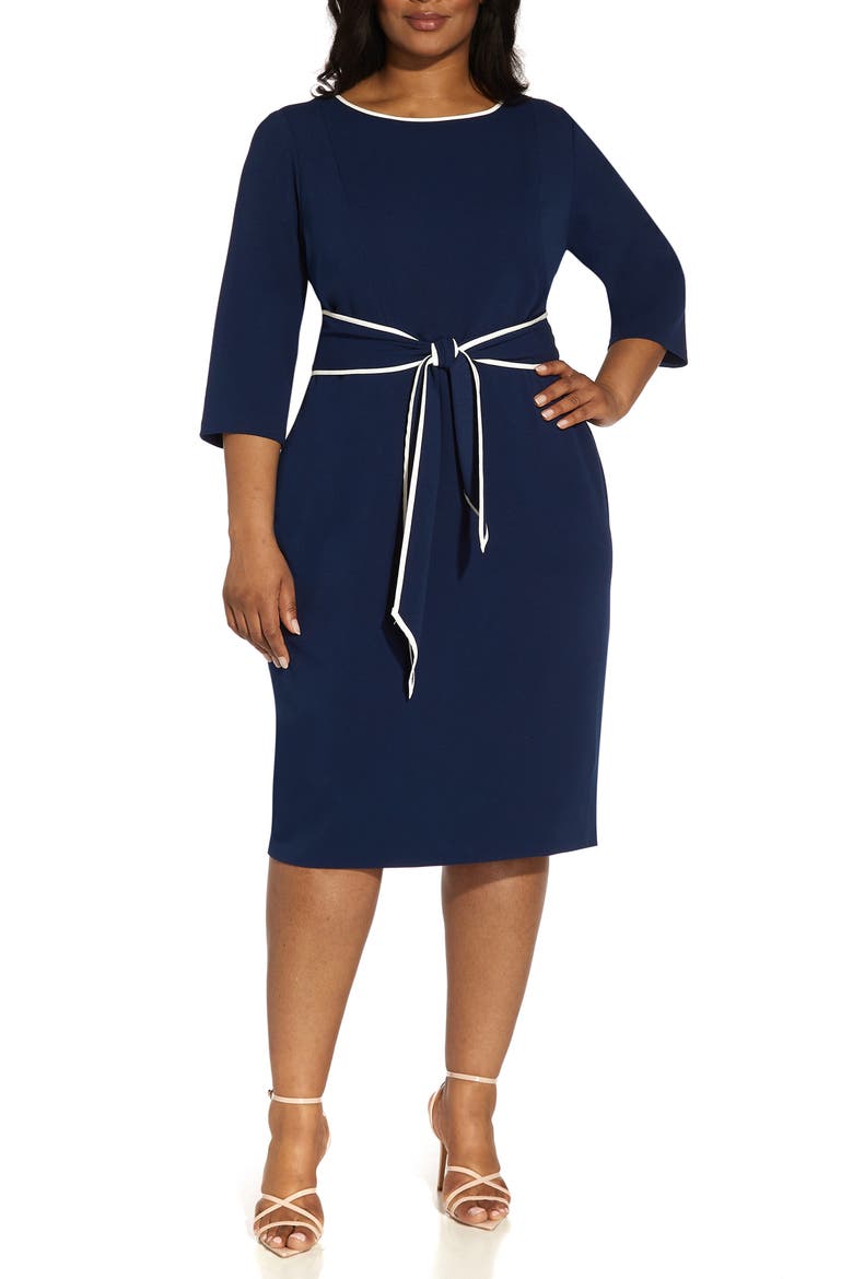 Tipped Three-Quarter Sleeve Crepe Dress, Alternate, color, NAVY SATEEN/IVORY