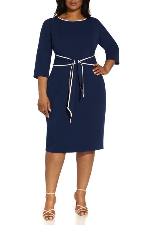 Tipped Tie Waist Crepe Dress (Plus)