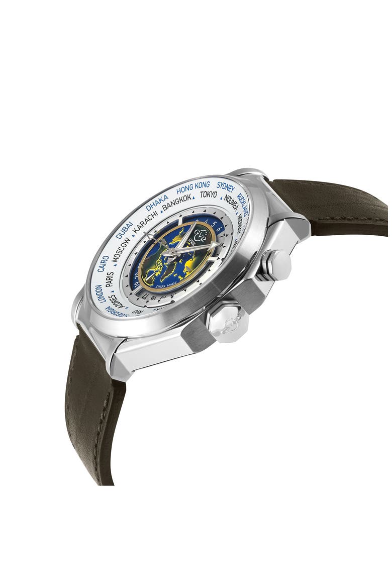 Marchese 3 Time Zones Leather Strap Watch, 44mm, Alternate, color, BROWN