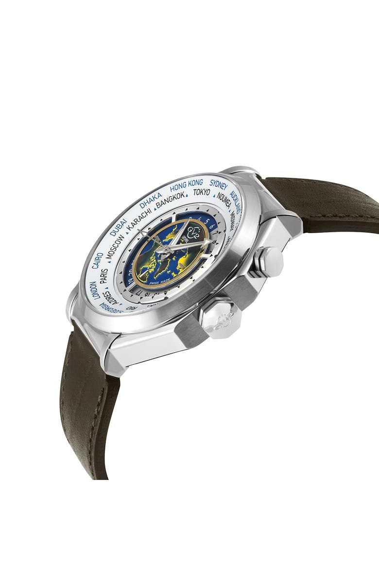 GV2 Marchese 3 Time Zones Leather Strap Watch, 44mm, Alternate, color, Brown