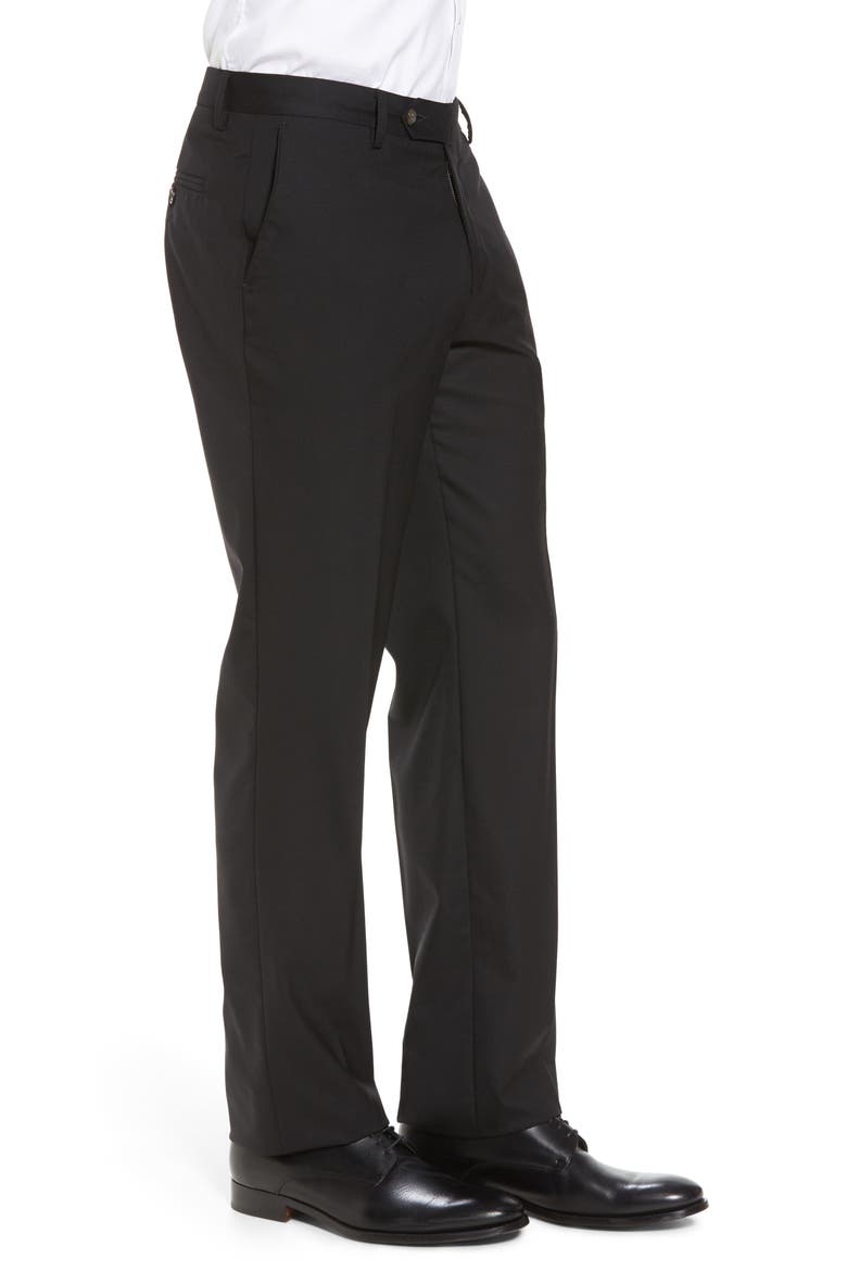 Flat Front Stretch Solid Wool Trousers, Alternate, color, BLACK