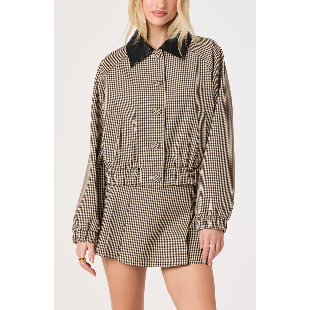 Astr The Label Billie Gingham Jacket With Faux Leather Collar In Brown