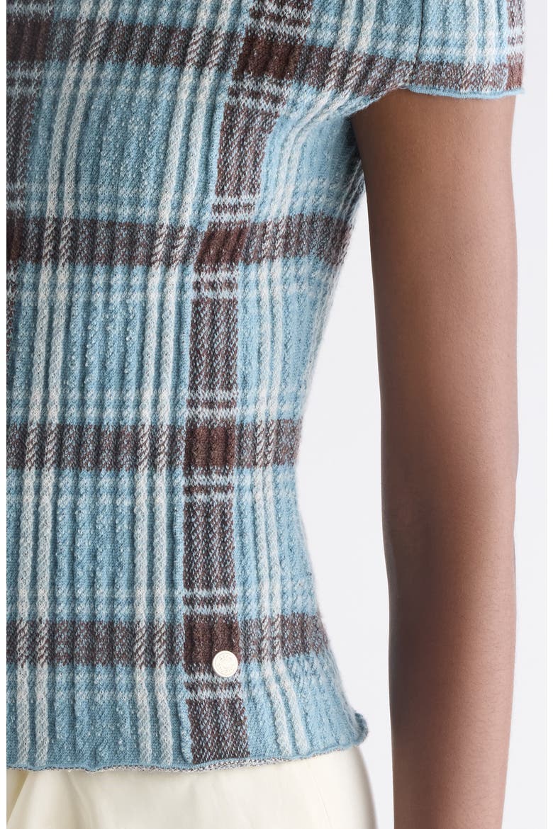 Plaid Short Sleeve Wool Funnel Neck Sweater, Alternate, color, BLUE/ BROWN
