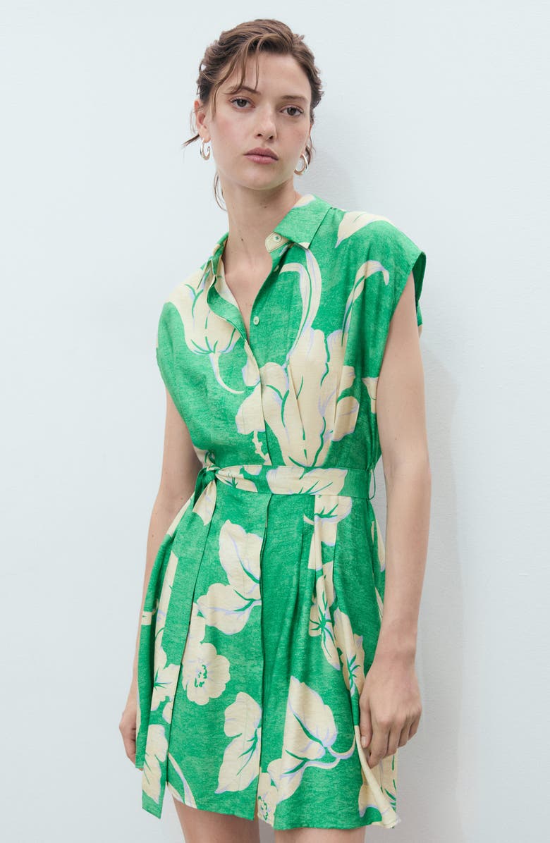 MANGO Pleated Belted Shirtdress, Alternate, color, Green