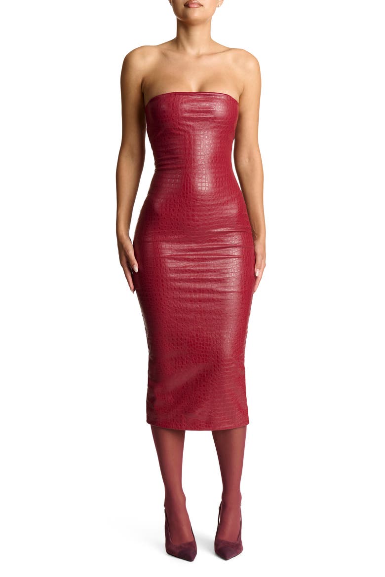 the crocodile chic strapless faux leather dress Zola | Burgundy Faux Leather Bandeau Midi Dress