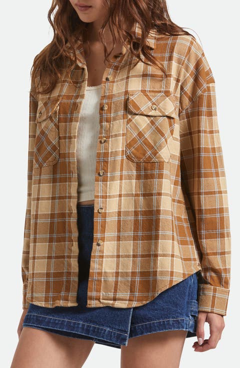 トップス plaid pattern balloon tops / brown Cleo + Wolf Women's Plaid Print Cropped Shirt | Boot Barn