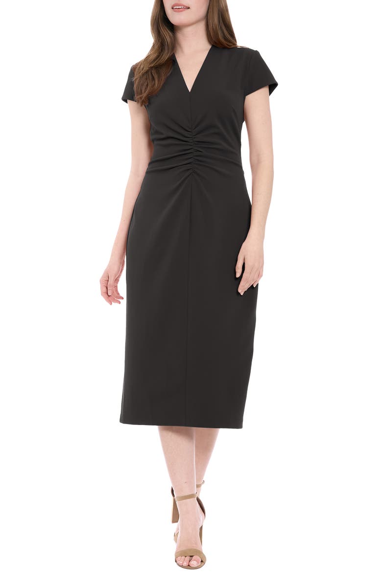 London Times V-Neck Cap Sleeve Ruched Midi Sheath Dress, Main, color, 