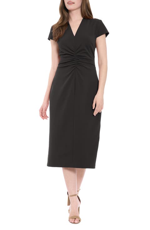 V-Neck Cap Sleeve Ruched Midi Sheath Dress
