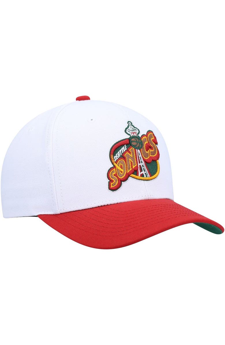 Mitchell & Ness Men's Mitchell & Ness White/Red Seattle SuperSonics Hardwood Classics Core 2-Tone 2.0 Pro Snapback Hat, Alternate, color,