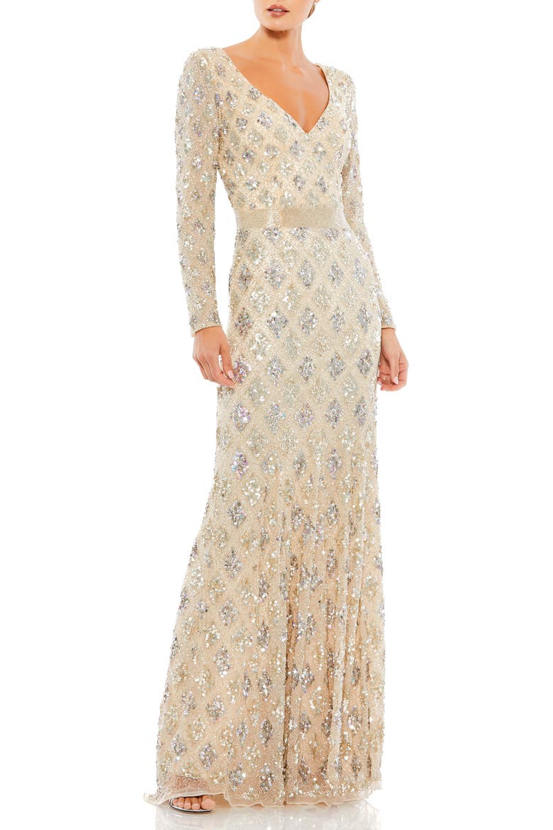 Geometric Embellished Evening Gown, Main, color, NUDE