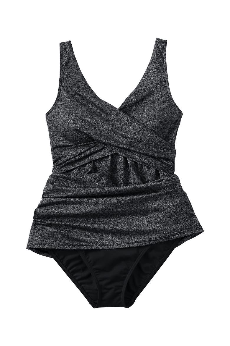 SlenderSuit V-neck Wrap Swim Dress One Piece Swimsuit Adjustable Straps, Alternate, color, Black Shine
