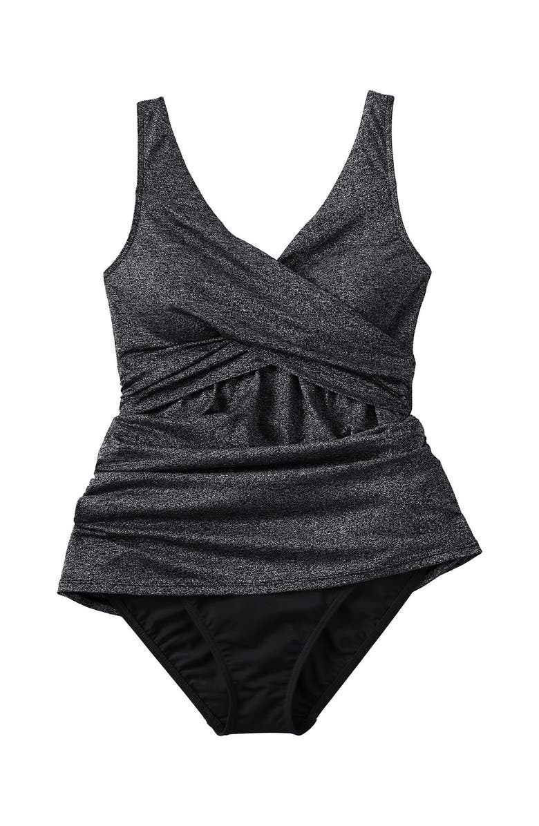 Lands' End SlenderSuit V-neck Wrap Swim Dress One Piece Swimsuit Adjustable Straps, Alternate, color, Black Shine