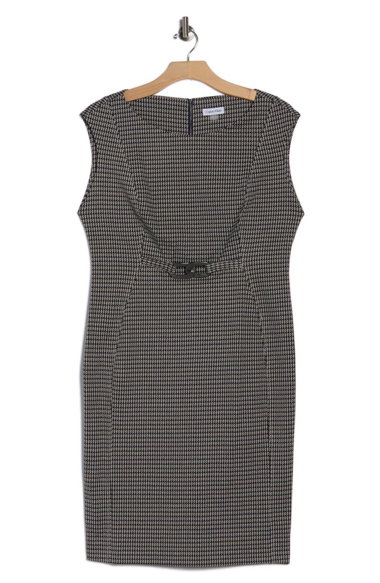Calvin Klein Hardware Belt Houndstooth Ponte Sheath Dress, Alternate, color, Black/ Malt/ Cream