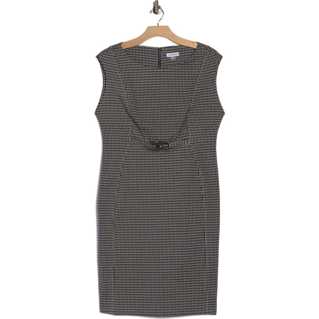 Calvin Klein Hardware Belt Houndstooth Ponte Sheath Dress In Gray
